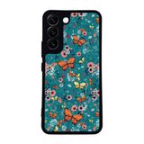BG AKSESUAR Samsung Galaxy S22 ile Uyumlu Floral Tasarımlı Glossy Premium Kılıf, Çiçek ve Kelebek Deseni, Turkuaz