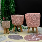 BGG Halka Desenli Dekoratif Ahşap Ayaklı Beton Saksı - Pembe