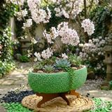 BGG Papatya Motifli Oval Beton Saksı | Daisy Patterned Oval Conc... - Yeşil