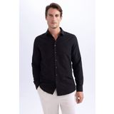 BGW Erkek Siyah Slim Fit Kolay Ütülenen Uzun Kollu Polo Yaka Poplin Gömlek