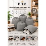 Bhm 5'li Büzgülü Saklama Çantası 35X45 cm Nefes Alan Ayakkabı Kılıfı Toz Koruyucu Organizer - Gri - 35 x 45 cm