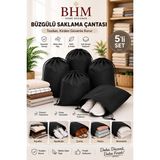 Bhm 5'li Büzgülü Saklama Çantası 35X45 cm Nefes Alan Ayakkabı Kılıfı Toz Koruyucu Organizer - Siyah - 35 x 45 cm