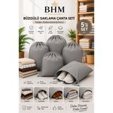 BHM 5'li Büzgülü Saklama Çantası 35X45 cm Nefes Alan Ayakkabı Kılıfı Toz Koruyucu Organizer Siyah