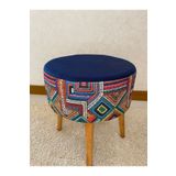 BHM Etnik Desenli Ahşap Ayaklı Dekoratif Lacivert Puf Bench