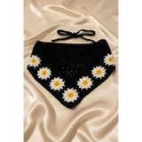 BHR AKSESUAR Siyah Çiçek Motifli Bağlamalı Bandana, Örgü Yazlık Saç Bandanası Plaj Günlük Kullanım