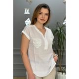 Bİ.GİYSEN Kadın Beyaz Omzu Ve Cebi Güpürlü Keten Kumaş Kısa Kol Buluz Gömlek
