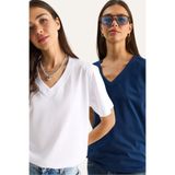 Bianco Lucci Kadın %100 Organik Pamuk Derin V Yakalı Comfort Fit İkili T-Shirt 60602066