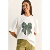 Bianco Lucci Kadın %100 Pamuk Bisiklet Yaka Kadife Fiyonk Baskılı Oversize T-Shirt ÖT261034 60286083