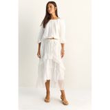 Bianco Lucci Kadın Bel Lastikli Kayık Yaka Bluz Asimetrik Kat Detaylı Maxi Etek Astarlı Takım 7646 60286142