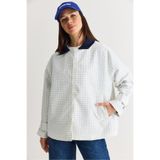 Bianco Lucci Kadın Beyaz-Lacivert Kontrast Yaka Ekose Desenli Astarlı Oversize Trençkot M-1 60286563