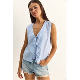 Bianco Lucci Kadın Beyaz Mavi %100 Pamuk Kalın Askılı Önden Bağlama Detaylı Çizgili Peplum Bluz 60282045