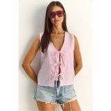 Bianco Lucci Kadın Beyaz Pembe %100 Pamuk Kalın Askılı Önden Bağlama Detaylı Çizgili Peplum Bluz 60282045