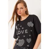 Bianco Lucci Kadın Bisiklet Yaka Boncuk ve Taş Kalp Baskılı T-Shirt 60261389