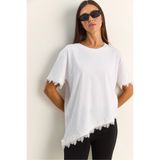 Bianco Lucci Kadın Bisiklet Yaka Dantel Detaylı Asimetrik Kesim Oversize T-Shirt 2224 60286124