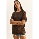 Bianco Lucci Kadın Bisiklet Yaka Dantel Detaylı Oversize T-Shirt 2134 60286120