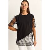 Bianco Lucci Kadın Bisiklet Yaka Dantel Garnili Asimetrik Kesim Relaxed Fit T-Shirt 2225 60286125