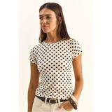 Bianco Lucci Kadın Bisiklet Yaka Puantiyeli Kısa Kollu Likralı Crop T-Shirt 6137 60286127