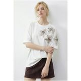 Bianco Lucci Kadın Boncuk Taş İşlemeli Çiçek Desenli Kol Detaylı Bisiklet Yaka T-Shirt 2107 60283972