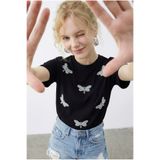 Bianco Lucci Kadın Boncuk Taş İşlemeli Yusufçuk Desenli Rahat Kalıp T-Shirt 2212 60283971