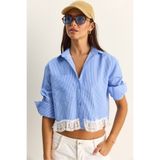 Bianco Lucci Kadın Dantel Detaylı Çizgili Poplin Crop Gömlek DG261023 60286099