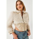 Bianco Lucci Kadın Deri Garni Detaylı Crop Suni Kürk Ceket 2622 60351314