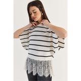 Bianco Lucci Kadın Ekru-Siyah Dantel Detaylı Yarım Balıkçı Yaka Yarasa Kol Oversize Triko Bluz TK261025 60286174