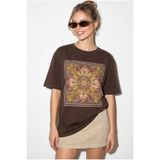 Bianco Lucci Kadın Etnik Desenli Boncuk İşlemeli Baskı Detaylı Oversize T-Shirt 2128 60286123