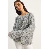 Bianco Lucci Kadın Gri Oversize Saçaklı Triko Hırka 9062 60283750