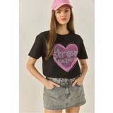 Bianco Lucci Kadın Kalp Baskılı Taş Detaylı Normal Kalıp Pamuklu T-Shirt 8133 60283303