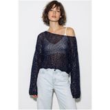 Bianco Lucci Kadın Lacivert Kayık Yaka Pullu File Dokulu Yarasa Kollu Crop Bluz 2765 60286345