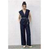 Bianco Lucci Kadın Lacivert Kruvaze Yaka Saten Kuşaklı Yelek Bol Pantolon Alt-Üst Denim Takım 9415 60286044