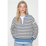Bianco Lucci Kadın Lacivert-Mavi Polo Yaka Fermuarlı Çizgili Oversize Triko Kazak 2757 60286481