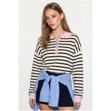 Bianco Lucci Kadın Lacivert-Pembe Polo Yaka Fermuarlı Çizgili Oversize Triko Kazak 2757 60286481