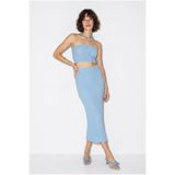 Bianco Lucci Kadın Mavi Straplez Bürümcük Crop Bluz Yüksek Bel Midi Kalem Etek Takım 60286447