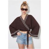 Bianco Lucci Kadın Nakış İşlemeli Bağlama Detaylı Geniş Kollu Müslin Kimono Bluz 7014 60283386