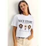 Bianco Lucci Kadın Nice Story Yazı ve Nakış Detaylı Relaxed Fit T-Shirt 7635 60286116