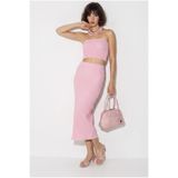 Bianco Lucci Kadın Pembe Straplez Bürümcük Crop Bluz Yüksek Bel Midi Kalem Etek Takım 60286447