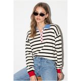 Bianco Lucci Kadın Siyah-Mavi Polo Yaka Düğmeli Çizgili Oversize Triko Kazak 2755 60286484