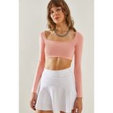 Bianco Lucci Kadın Somon Uzun Kol Kare Yaka Crop Bluz 60251250