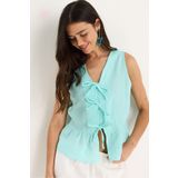 Bianco Lucci Kadın Su Yeşili V Yaka Fiyonk Detaylı Müslin Peplum Bluz G28-4883 60283356