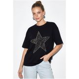 Bianco Lucci Kadın Taş İşlemeli Yıldız Detaylı %100 Pamuk Oversize T-Shirt ÖT100003 60286297