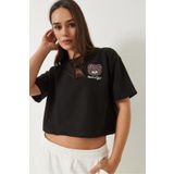 Bianco Lucci Kadın Teddy Nakışlı Penye Crop T-Shirt 3019 60283090