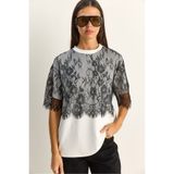 Bianco Lucci Kadın Üstü Dantel Detaylı Oversize Basic T-Shirt 1092 60286104