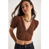 Bianco Lucci Kadın V Yaka Fisto Detaylı Bürümcük Kısa Kollu Crop Bluz 2231 60284051