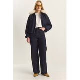 Bianco Lucci Lacivert Seyyar Suni Kürk Yaka Astarlı Cep Detay Denim Bomber Ceket Pantolon Takım 6058 60283898