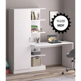 Bicabin MDF Narin Raflı Kitaplıklı Kapaklı Dolaplı Çalışma Masası - Beyaz (Dolap Sol) - 178*175*55