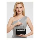 Biçanta Zarif Siyah Süet Abiye Çanta | Gümüş Kristal Taşlı Gece Clutch