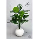 Biçiçek Yapay Monstera Deve Tabani Bitkisi 65 Cm Beyaz Küre Saksıda