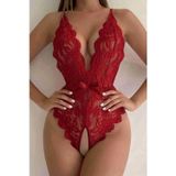 Bicomi Kırmızı Özel Bölgesi Açık Fiyonklu Dantel Fantezi Body