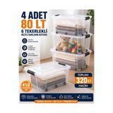 biedda 4 Adet 80 LT 6 Tekerlekli Kilitli Saklama Kutusu Şeffaf Mega Boy Plastik Organizer Kutu